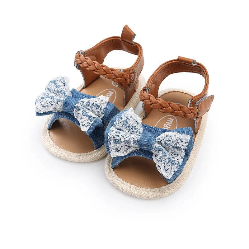 Infant Baby Shoes Girl Flats Sandals Soft Sole Anti-Slip Summer Bowknot Dot Stripe Lace Crib Shoes Newborn First Walker Hot Sale