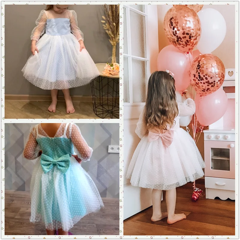 Girls Wedding Bridesmaid Dress Kids Polka Dots Princess Dresses For 4-10Yrs Baby Girl Formal Prom Mesh Embroidery Tulle Vestidos