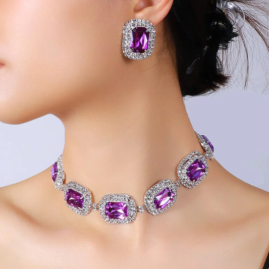 Purple Rhinestone Big Square Stone Choker Necklaces Earrings Sets For Women Vintage Gold Silver Color Bridal Wedding Jewelry Set