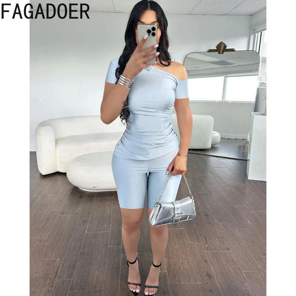 FAGADOER Fashion Solid One Shoulder Two Piece Sets Women Short Sleeve Slim Top And Biker Shorts Tracksuits Summer 2pcs Outfits