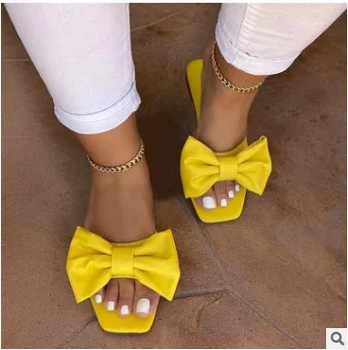 Fashion Summer Plus Size One-line Solid Color Bow Flat Sandals Outdoor Beach Slippers Elegant Women Shoes 2023