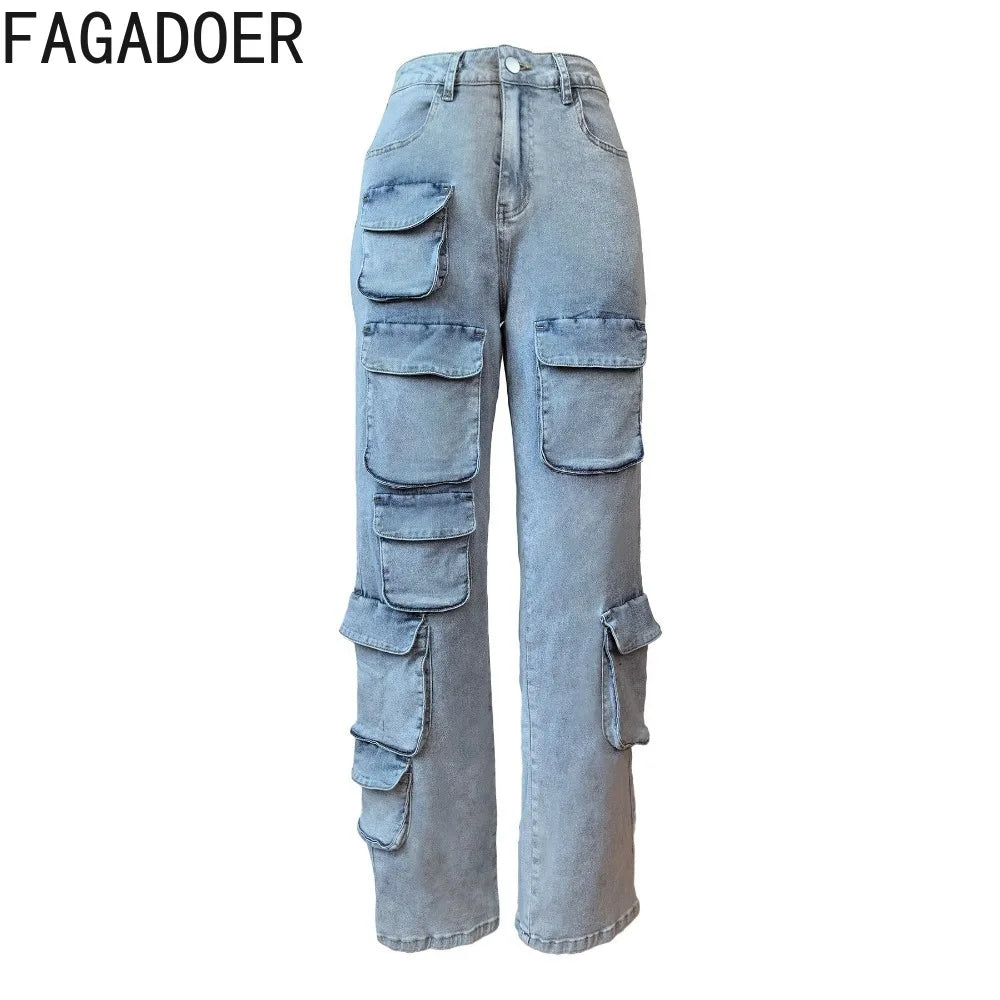 FAGADOER Vintage Fashion Denim Pocket Cargo Pants Women High Waisted Button Straight Jean Trousers Casual Female Cowboy Bottoms