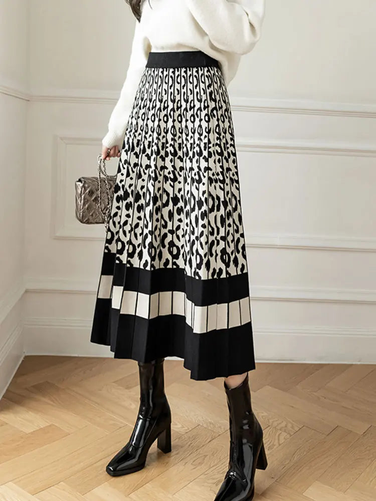 TIGENA Knitted Long Skirt Women Autumn Winter Fashion Leopard Printed A Line High Waist Pleated Midi Skirt Female Mid-length