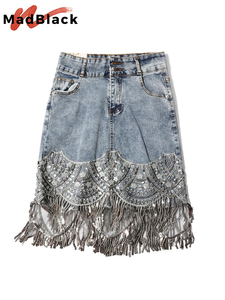 Summer Korean Sexy Women Denim Mini Skirts High Waist Blue Package Hip Jeans Fashion Beading Tassel SKirt New Hot 2022 B05601