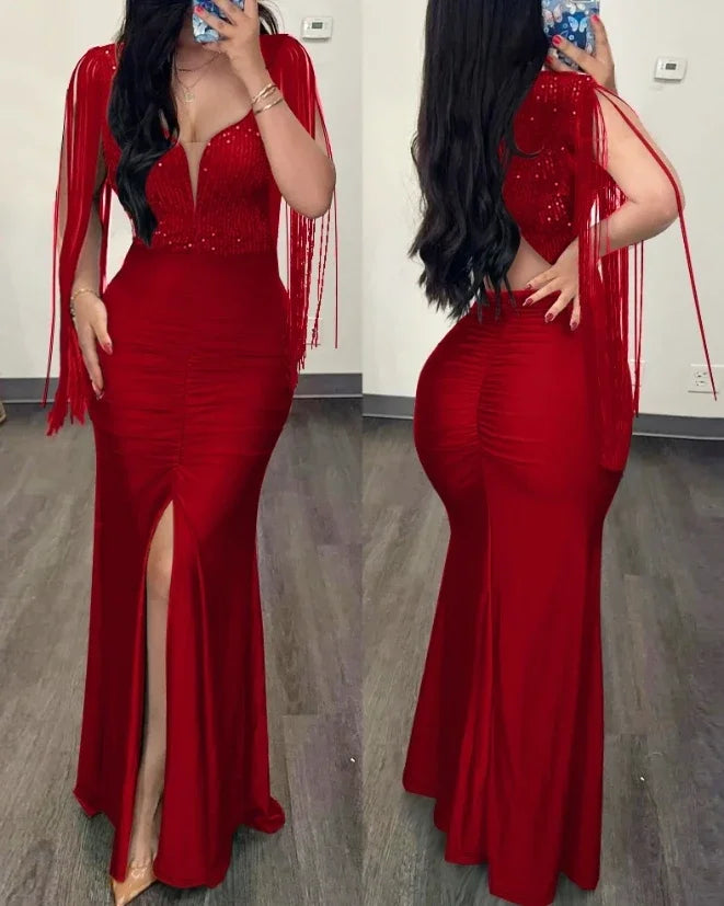 Women's Evening Dresses Fashion Clothes Rhinestone Cold Shoulder Slit Ruched Party Elegant Long Bodycon Dress for Women 2023