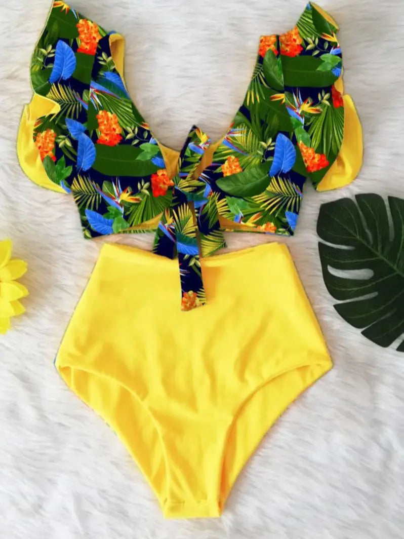 Floral Ruffled Hem Bikini Set Women Flora V-Neck High-Waisted Two Piece Swimsuit 2023 Girl Beach Bathing Suit Swimwear Biquinis