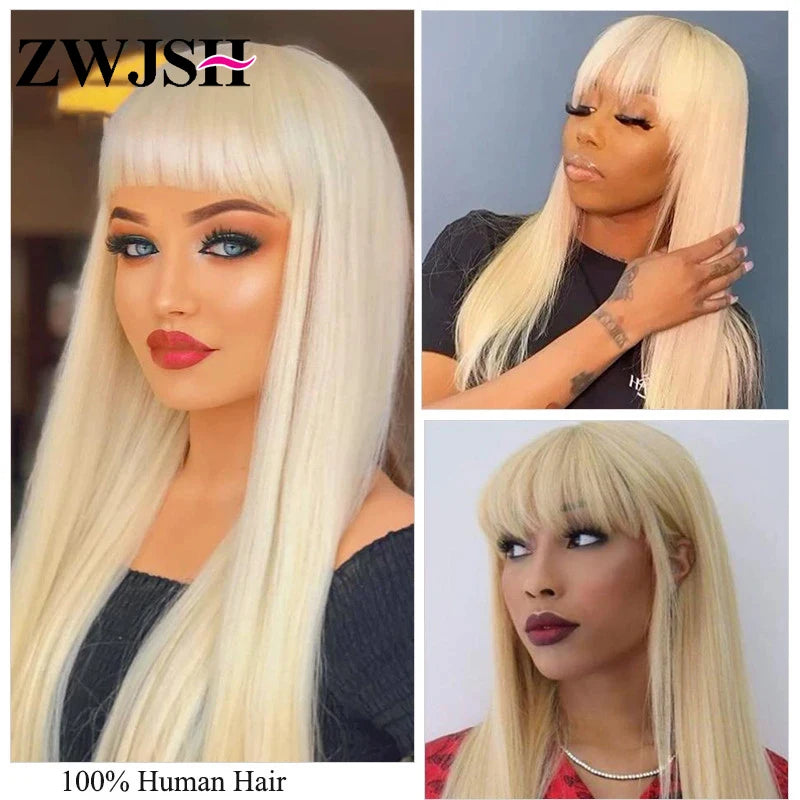 Remy Human Hair 613 Honey Blonde Wig With Bangs for Women Long Straight Full Machine Made Glueless Fringe 30 Inch ZWJSH