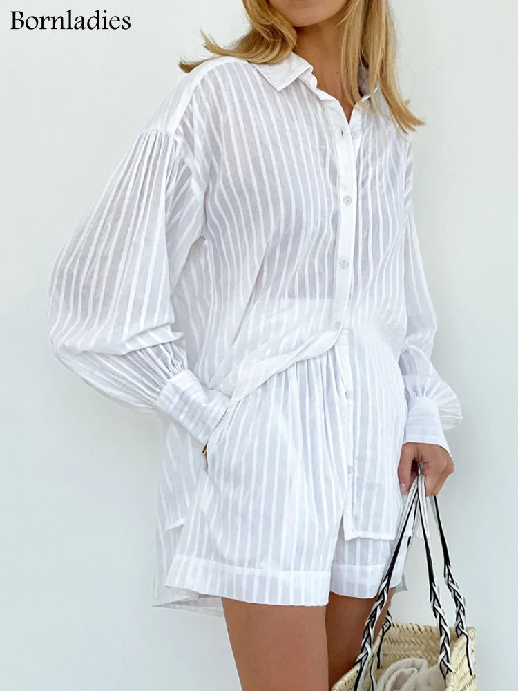 Bornladies Casual Shorts Sets Striped Jacquard 2 Pieces Cozy Lapel Lantern Sleeve Shirt Summer Outfit Elastic Waist Shorts Suits