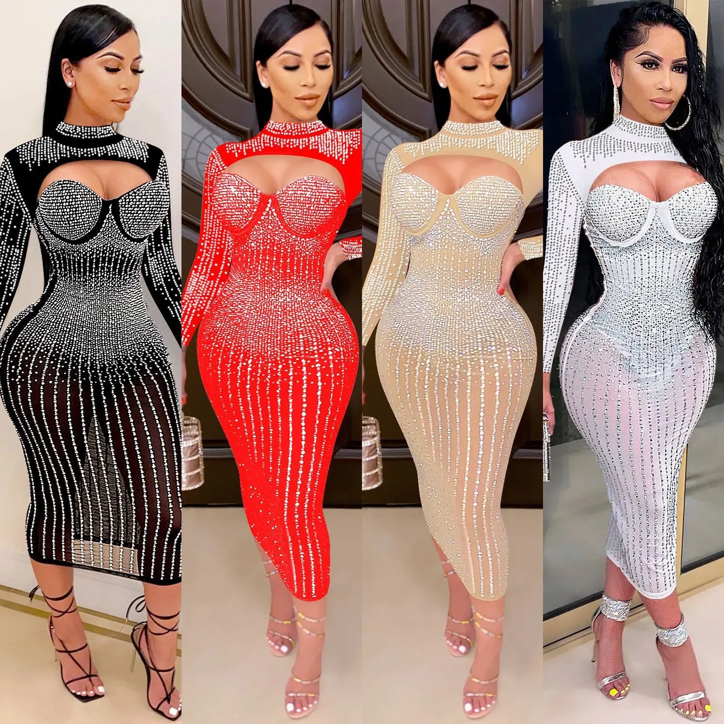 2022 Women New Arrival Fashion Design Summer Diamonds Dress Solid O-neck Long Sleeve Sexy Celebrity Party Maxi Dresses Vestidos