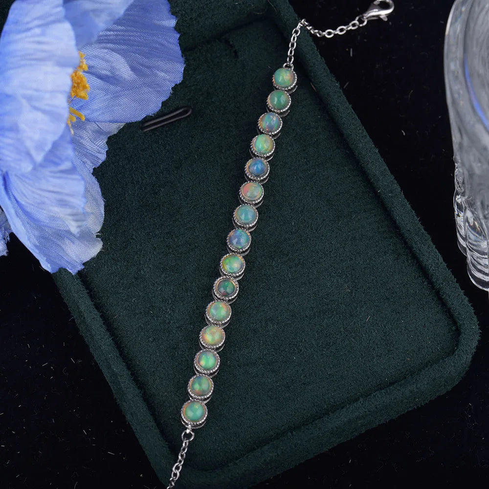 ITSMOS Natural Blue Green Opal Silver Bracelet s925 Sterling Silver Pendant Round Bangle Classic Jewelry for Women Special Gift