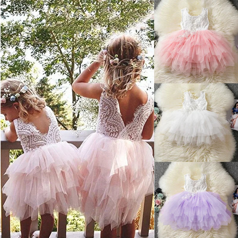 Toddler Baby Girls Dress Lace Embroidery Sleeveless Summer Tutu Party Ball Gown Kids Children Birthday Baptism Princess Costume