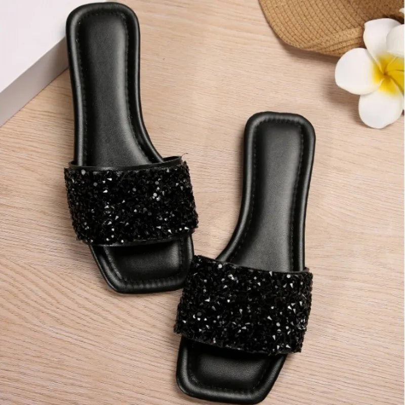 Summer Women's Flat Sandals 2024 New Stylish Outdoor Glitter Open Toe Comfortable Casual Slippers Plus Size 43