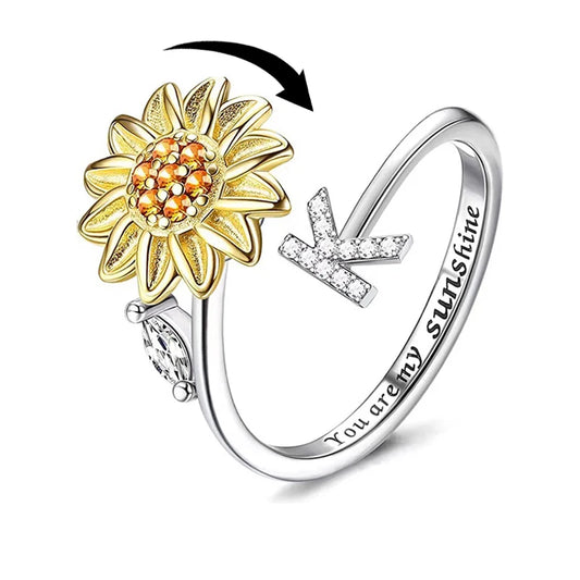 Rotating Sunflower Initial Letter Rings For Women Anti Anxiety Spinner You Are My Sunshine Stainless Steel Ring Birthday Jewelry