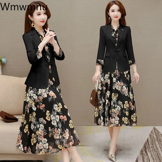 Women 2 Piece Set Elegant Floral Dress Suits Office Lady Korean Thin Unlined Blazer And Sleeveless Print Dresses Casual Outfits