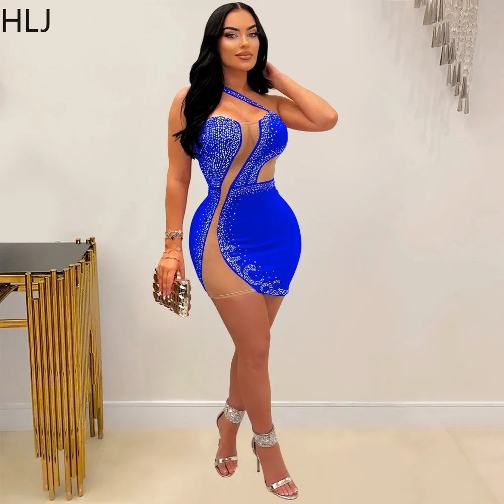 HLJ Sexy Hollow Out Mesh Patchwork Mini Dress Women One Shoulder Sleeveless Party Nightclub Fashion Female Rhinestones Vestidos