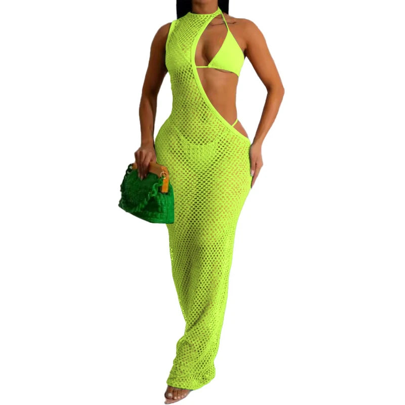 Sexy Female Evening Party dresses Hollow Out Maxi Prom Dress Mesh See-Through 3pcs Set Fashion Beach Cover up Dress For Women