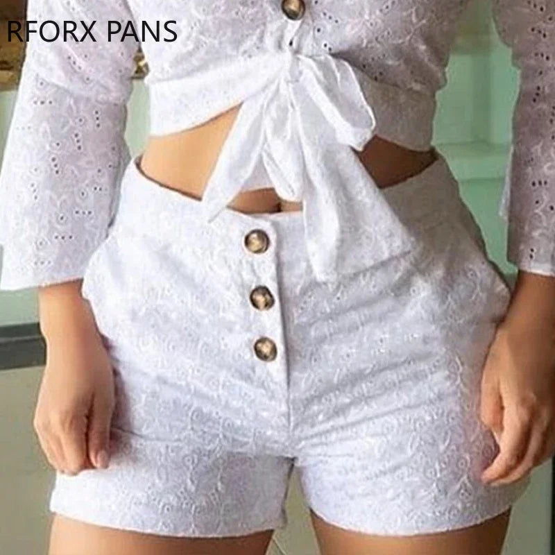 Women Broderie Lace Button-down Blouse & Shorts Sets Casual Women Sets