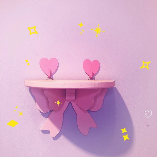 Japanese Kawaii Pink Bow Bedroom Shelves Wall-mounted Cosmetic Wooden Storage Rack Girly Heart Room Decoration Wall Shelf