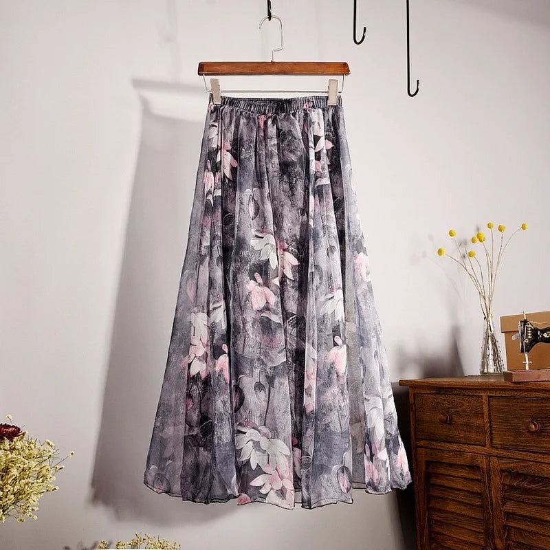 Vintage Bohemian Long Skirts Women Elegant Chiffon Saia Harajuku Beach High Waist Long Skirt Woman Clothes Faldas Tutu Vestidos