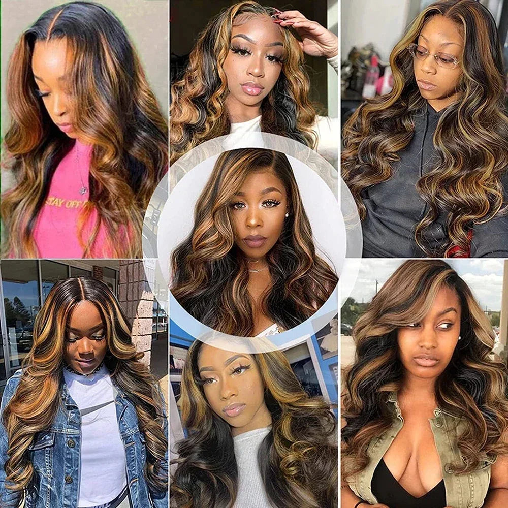 Brown Highlight Body Wave 13X4 Synthetic Lace Frontal Wigs 28 30 Inch Green Highlight Colored Glueless Lace Wig For Black Women