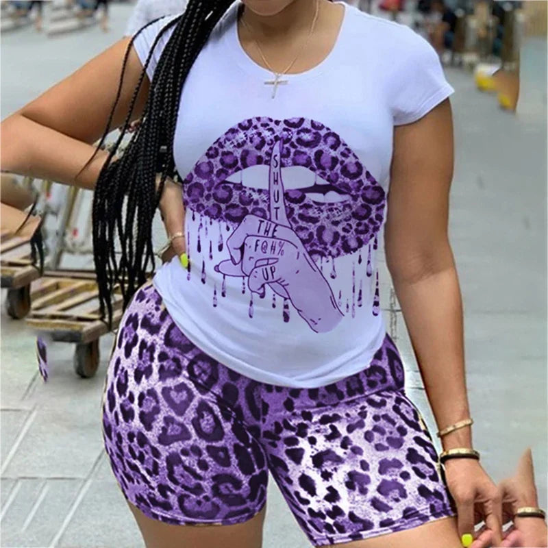 2022 New  Two Piece Set for Women Tracksuit Lips Short Sleeve Top Leopard Shorts Sweat Suit 2 Pcs Outfits Matching Sets