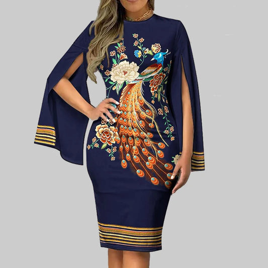 Elegant Party Dress For Women 2023 Summer V Neck Printed Bodycon Dress Vintage Sexy Split Fork Long Sleeve Slim Work Dresses