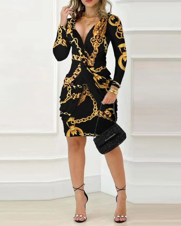 Dresses for Women 2023 Vintage Plunge Long Sleeve Wedding Guest Baroque Chain Print Twist Detail Skinny Sexy Party Mini Dress