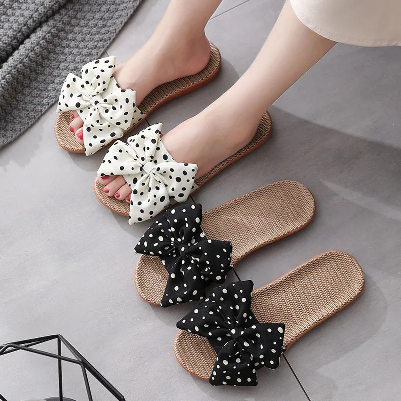 Summer Women Slippers Home Female Bowknot Flax Slippers Linen Flip Flops Bohemia Beach Sandals Slipper Chaussure Femme