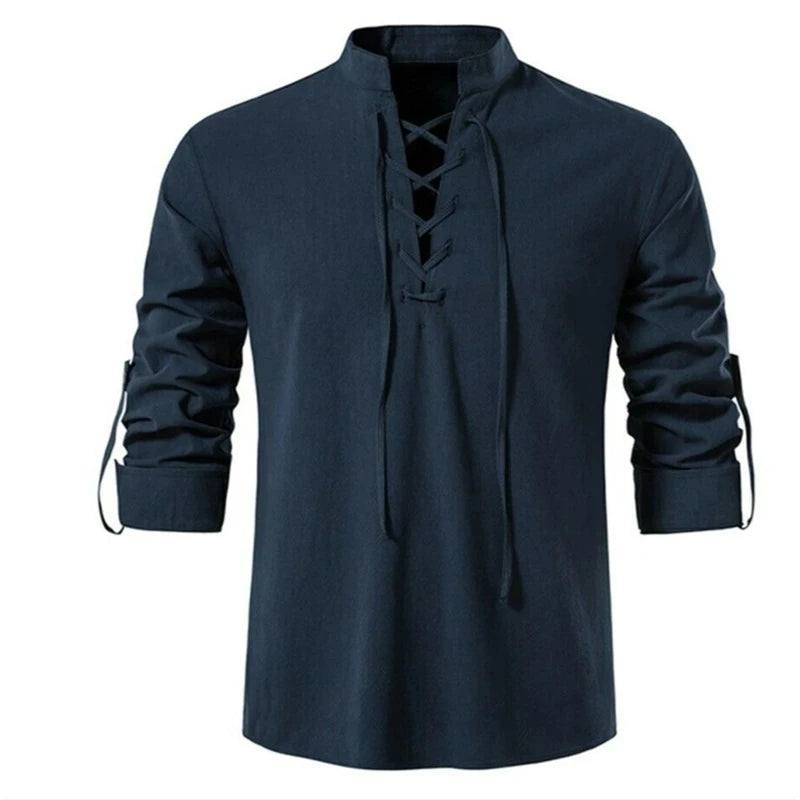 2022 New Men's V-neck shirt T-shirt Fashion  Long Sleeve Top men Casual Breathable  Front Lace Up man Shirts