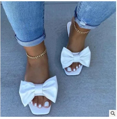 Fashion Summer Plus Size One-line Solid Color Bow Flat Sandals Outdoor Beach Slippers Elegant Women Shoes 2023