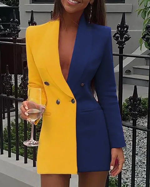 Women Blazer Elegant Office Lady Suit Thin Spring V-neck Female Long Sleeve New Patchwork Slim OL Double Breasted Dress Coat