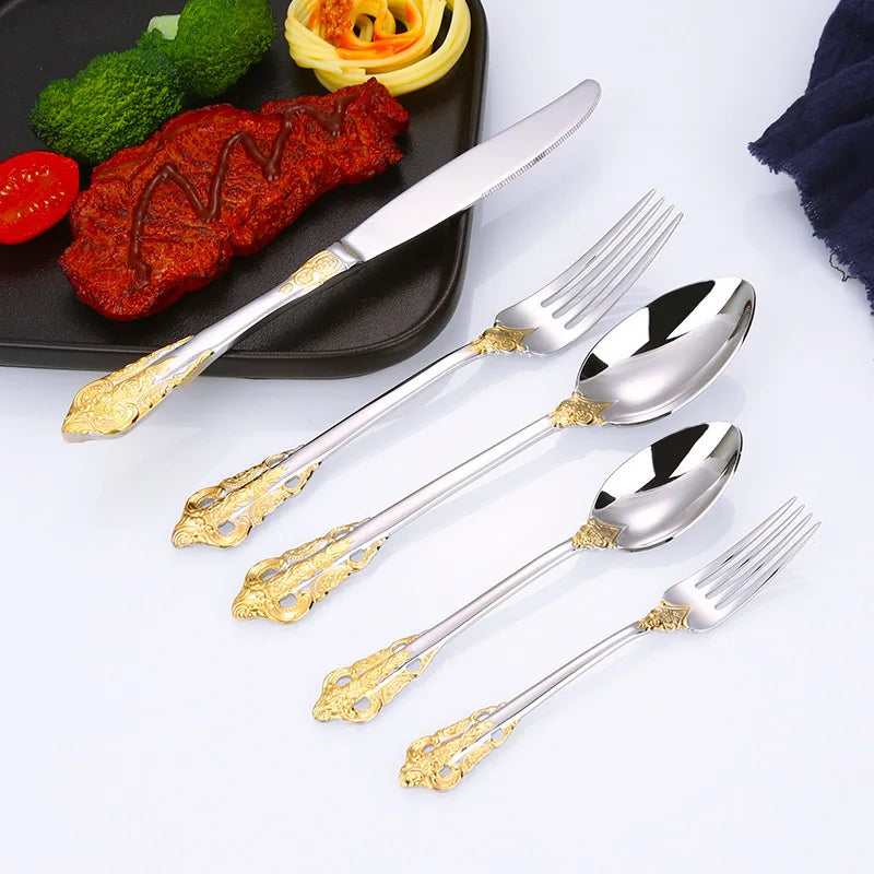 304 stainless steel Gold Cutlery Set Vintage Western Dinnerware Luxury Tableware Engraving Forks Knive Spoons Sliverware