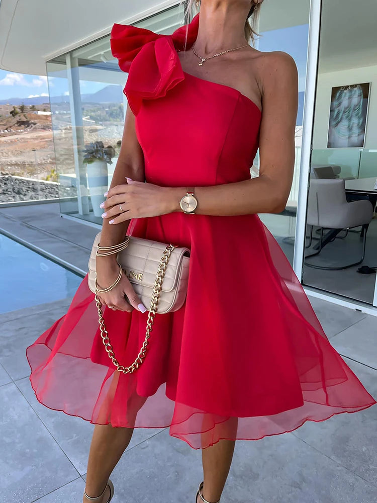 Sexy Women One Shoulder Sleeveless Mini Dress Elegant Backless Zipper Solid Party Dress Summer Ladies Mesh Patchwork Sweet Dress