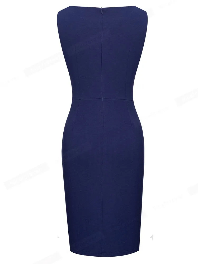 Nice-forever Summer Women Elegant Round Neck Plain Work Dresses Business Office Vintage Pencil Dress B705