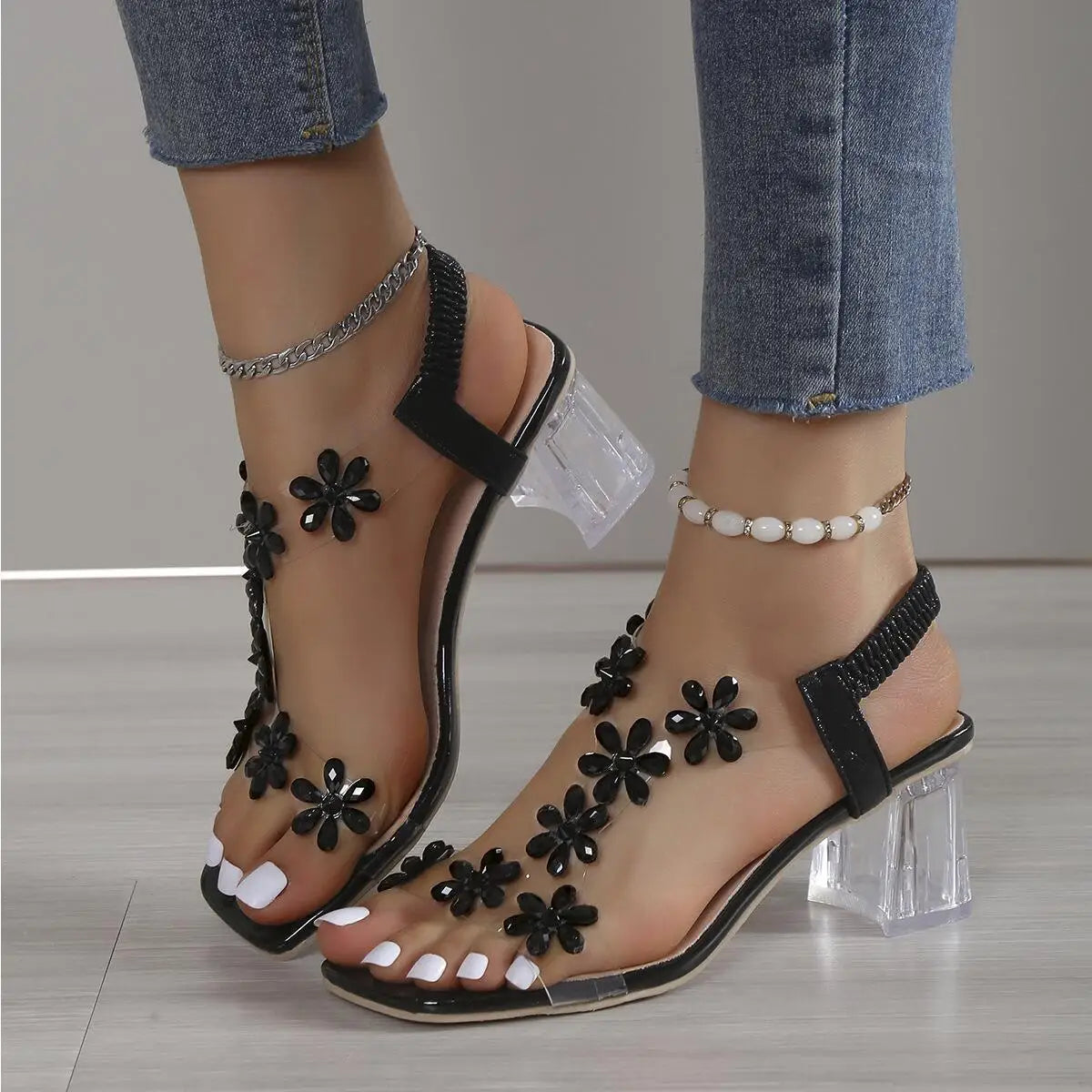 Rhinestone Transparent Heel Sandals For Women Summer High Heels  6cm Square Heel Open Toe Sandals Woman Wedding Dress Shoes 42