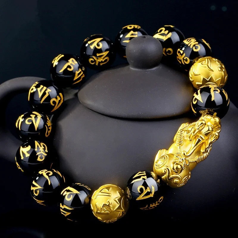 2PCS Feng Shui Black Obsidian Wealth Bracelets for Women Men Obsidian Stone Beads Pixiu Character Bracelet Lucky Jewelry