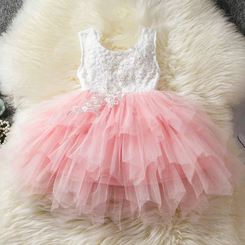 Toddler Baby Girls Dress Lace Embroidery Sleeveless Summer Tutu Party Ball Gown Kids Children Birthday Baptism Princess Costume