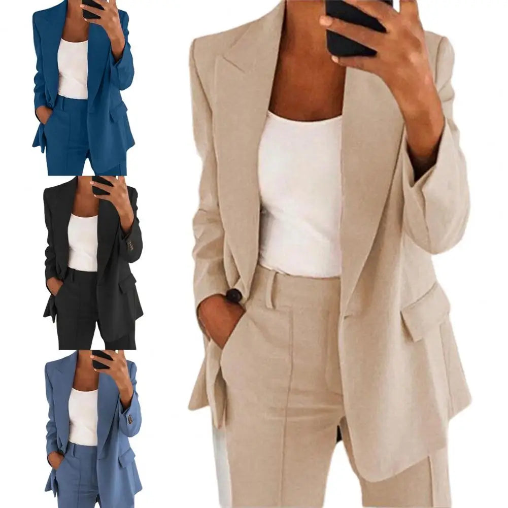 Elegant Jacket Women Suit Jacket Solid Color Turndown Collar Long Sleeve Buttons Blazer Outerwear