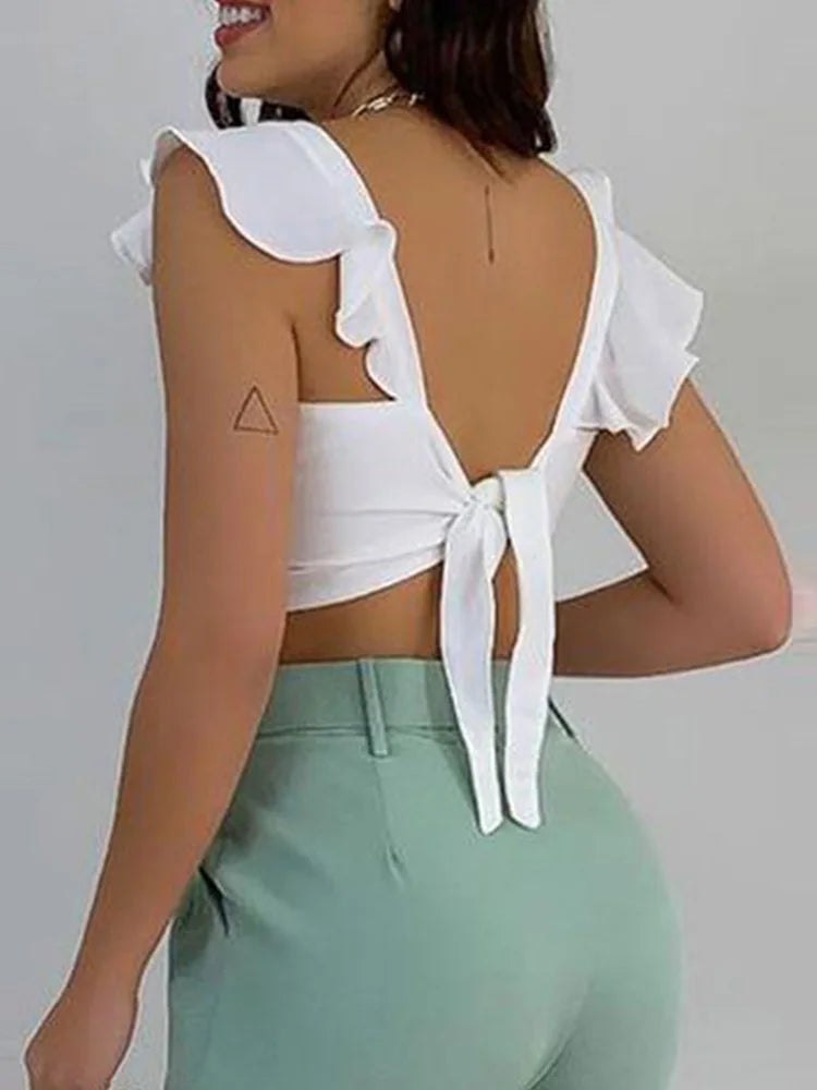 Solid Ruffles Backless Knotted Crop Tops & Pocket Design Belted Pants Set Casual Women Two Piece Set Outfits