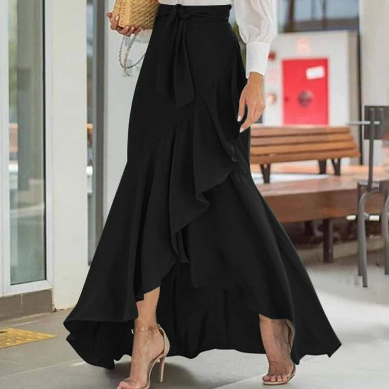 Women High Waist Maxi Skirt High Low Irregular Hem Self-tie Elastic Ruffle Long Skirt Ruffle Women Maxi Skirt Long