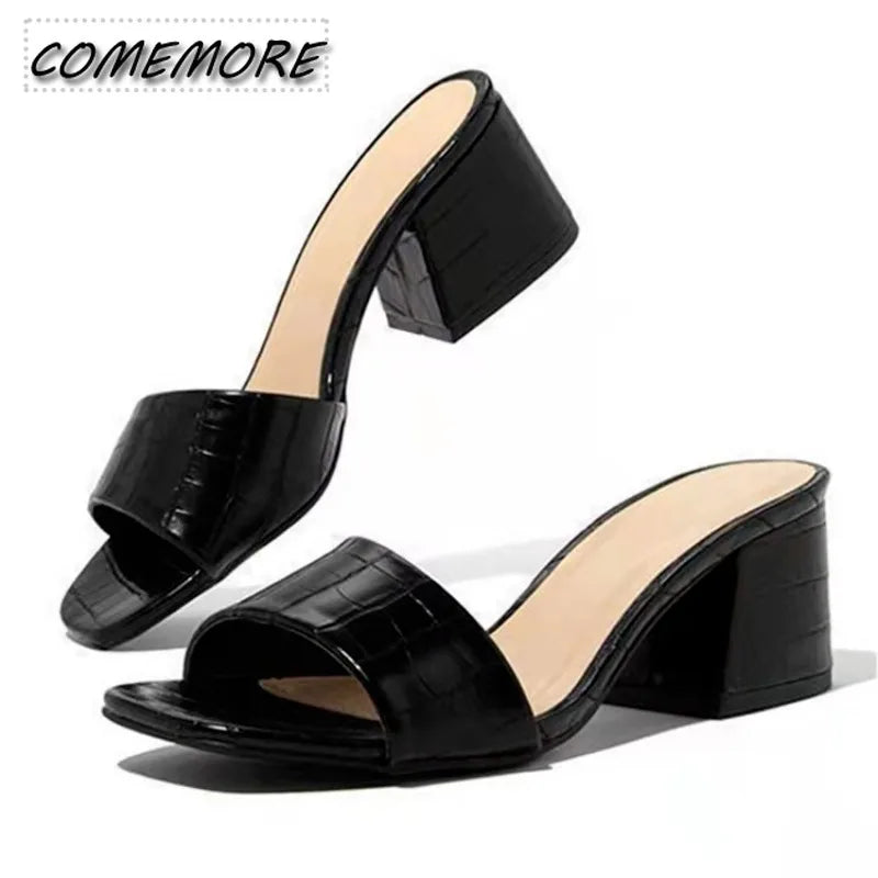 Fashion Women Pumps Slippers Ladies Square Toe Female Slides Summer Shoes Sandals High Heels 2024 New Comfortable Black Size 42