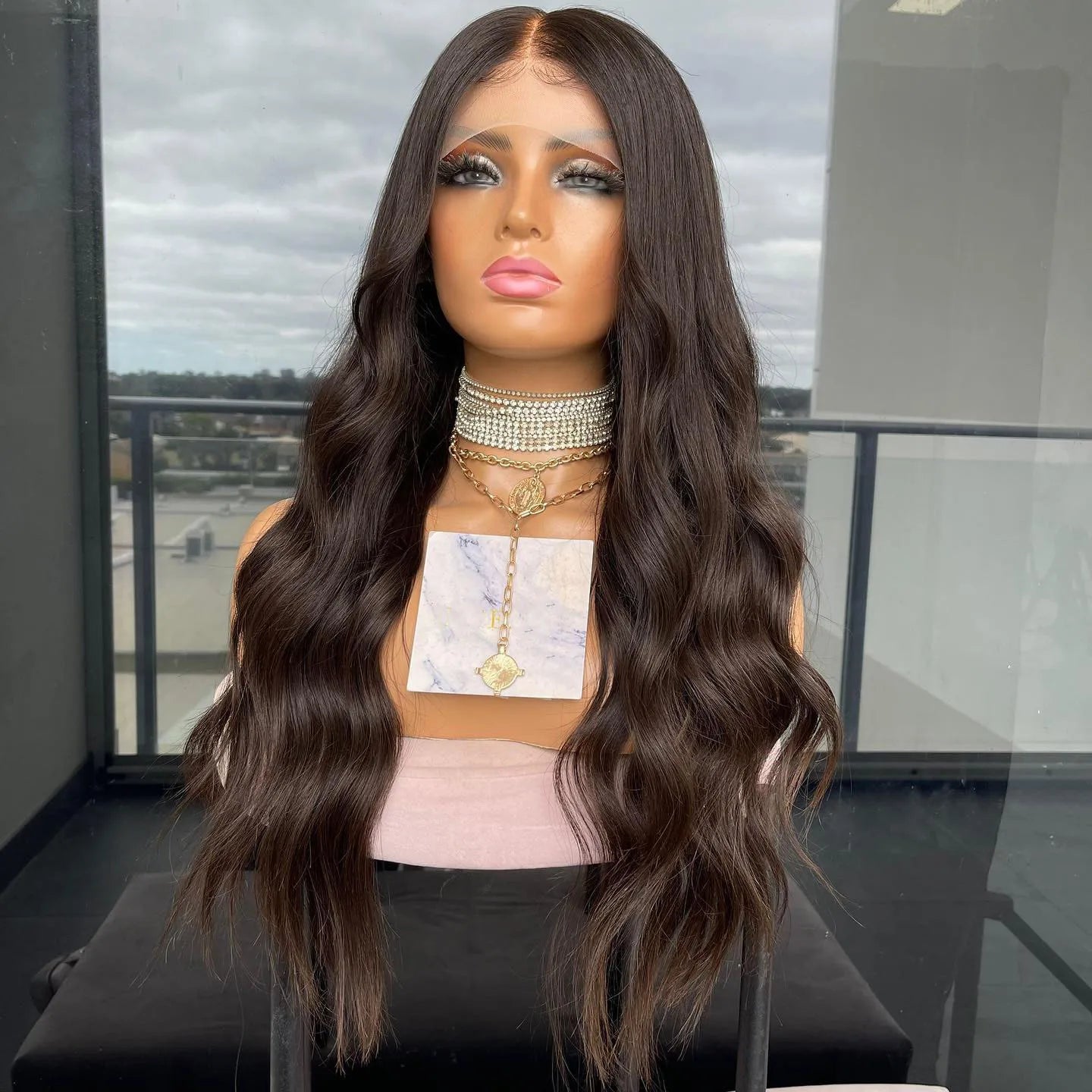 Darkest Brown Color Synthetic Lace Wig Body Wave Lace Front Wigs for Women Free Part Cosplay Party Wig Heat Resistant Wigs