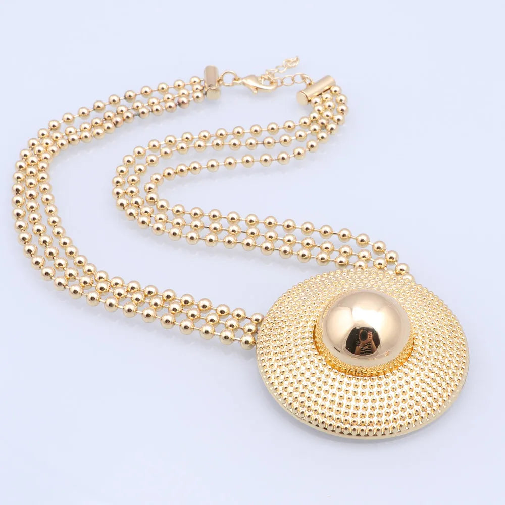 Dubai Gold Color Jewelry Set Women Luxury Design Round Pendant Necklace Earrings Bracelet Ring Wedding Party Accessories