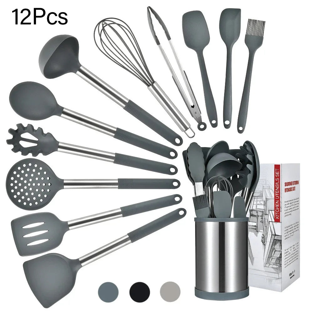 12Pcs Silicone Kitchen Utensils Nonstick Kitchenware Stainless Steel Spatula Spoon Kit Kitchen Tools For Pots And Pan