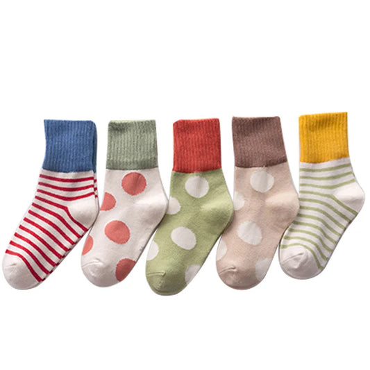 1-12 Year 5 pairs pack Children's socks Winter new horizontal stripes dot striped socks princess socks