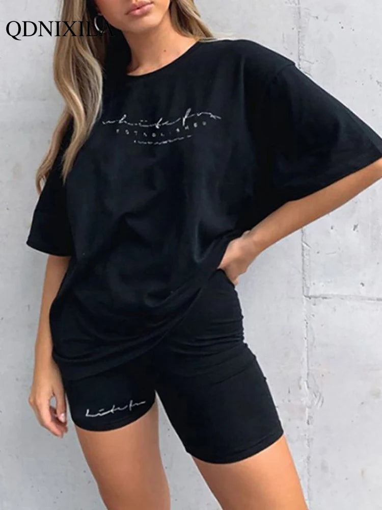 2023 Casual Summer Women's Tracksuit Sports Suit T-shirt Shorts 2 Piece Set Sweatshirt Print Women Shorts Set Sportswear outfits