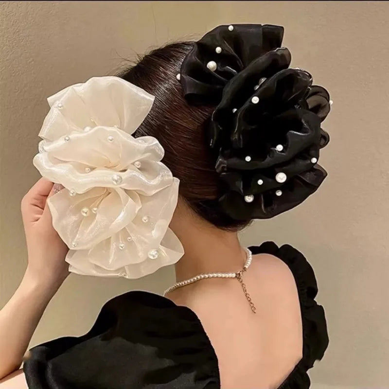 Korean New Bubble Mesh Bow Pearl Grab Clip Oversized Multilayer Ponytail Shark Clip Fashion Luxury Women Hair Accessories