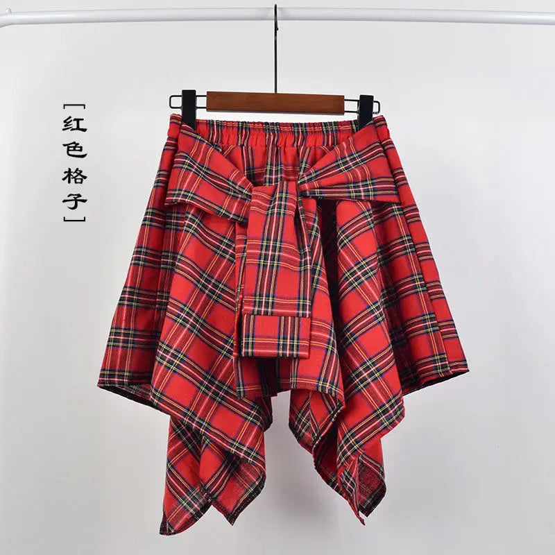 Summer Casual Retro Irregular Women Skirt Bow-knot Elastic Waist Shirt Style Blue White Lattice Mini A-line Shortskirt Female