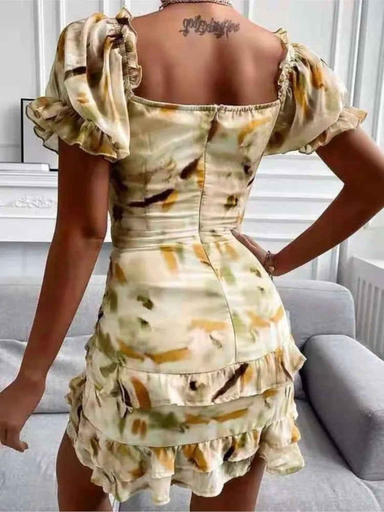 Women's 2024 Spring Summer New Fashion Print Drawstring Ruffle Edge Sexy Off Waist Short Sleeve Casual Office Dress