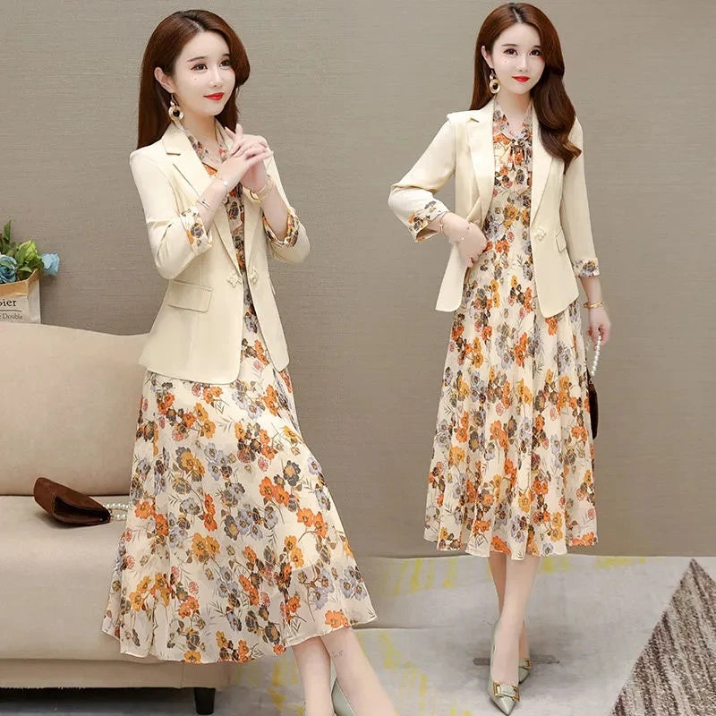 Women 2 Piece Set Elegant Floral Dress Suits Office Lady Korean Thin Unlined Blazer And Sleeveless Print Dresses Casual Outfits